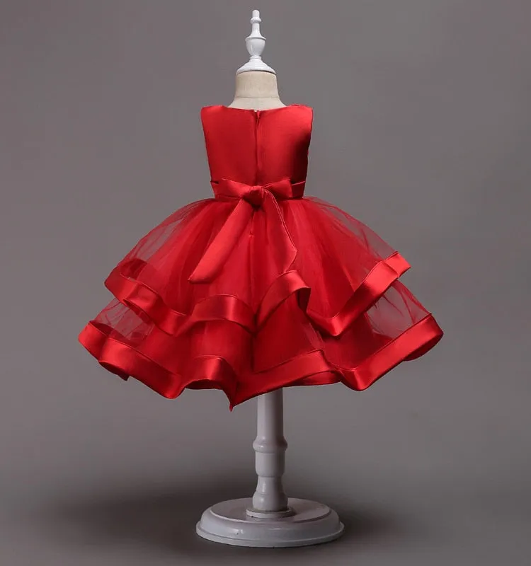 Red Two Tier Beaded Dress,, Size 3-10 Yrs