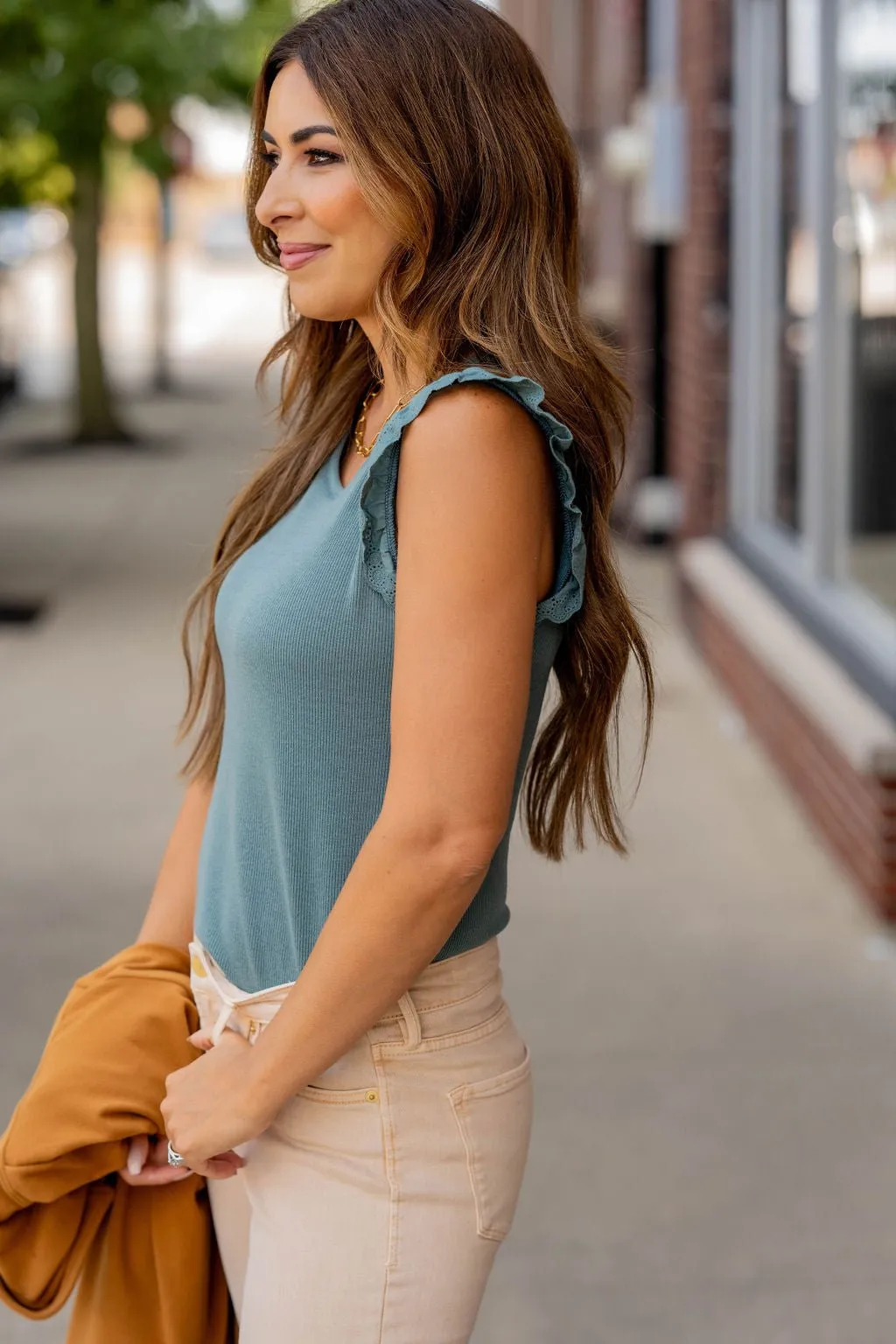 Ribbed Eyelet Ruffle Trim Tank