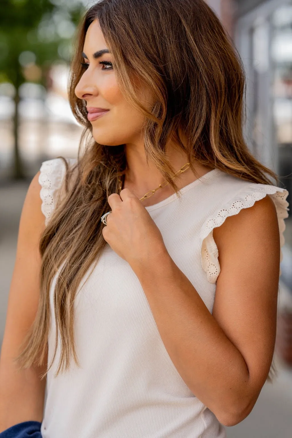 Ribbed Eyelet Ruffle Trim Tank
