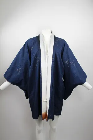 Short Kimono in a blue speckled fabric with gold crane details - M/L