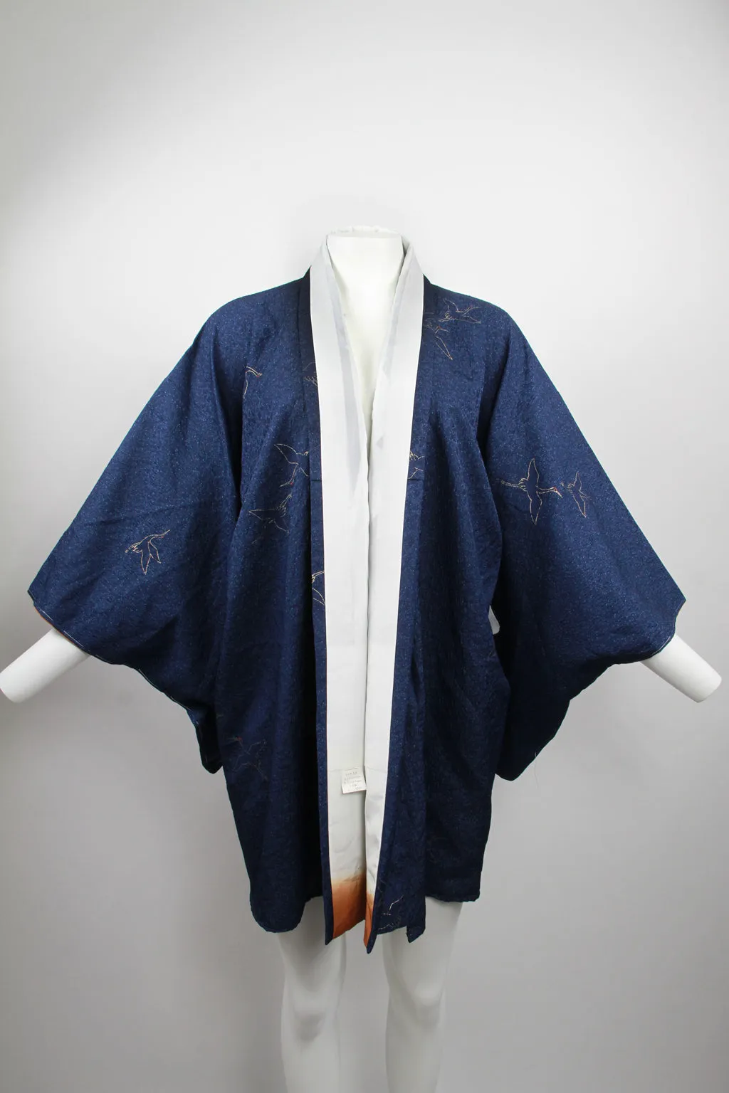 Short Kimono in a blue speckled fabric with gold crane details - M/L