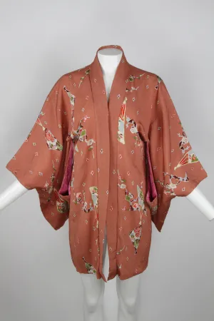 Short Kimono with fans and sekura blossom motifs - S/M