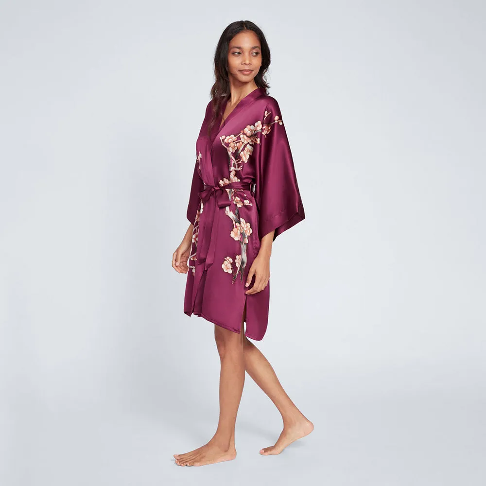 Silk Handpainted Cherry Blossom Short Kimono Robe