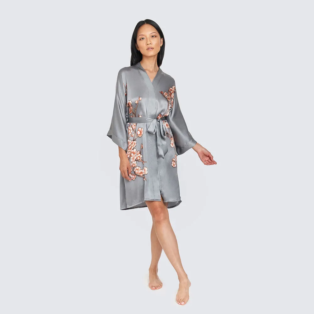 Silk Handpainted Cherry Blossom Short Kimono Robe