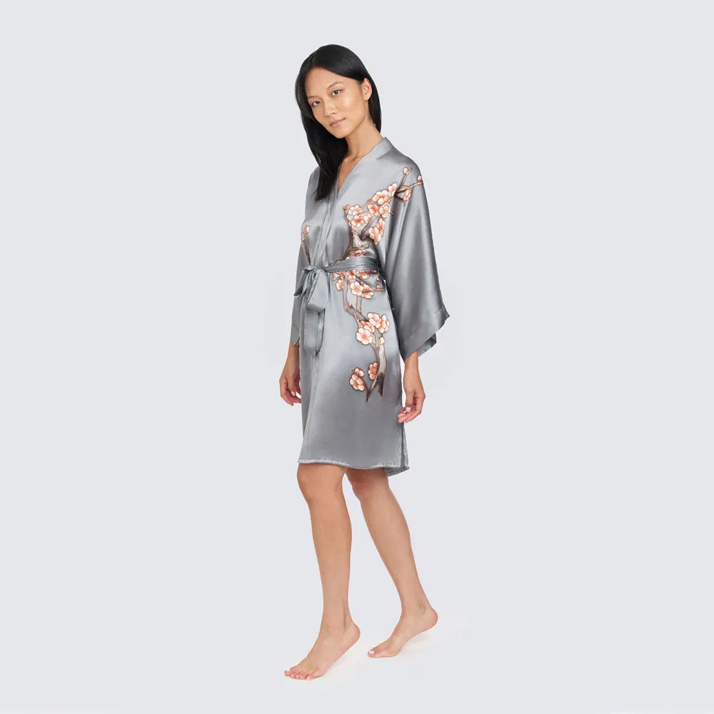 Silk Handpainted Cherry Blossom Short Kimono Robe