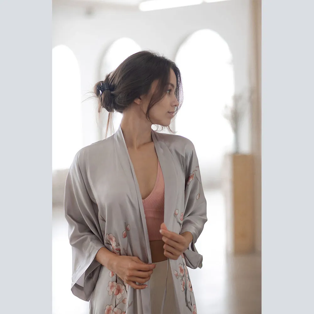 Silk Handpainted Cherry Blossom Short Kimono Robe