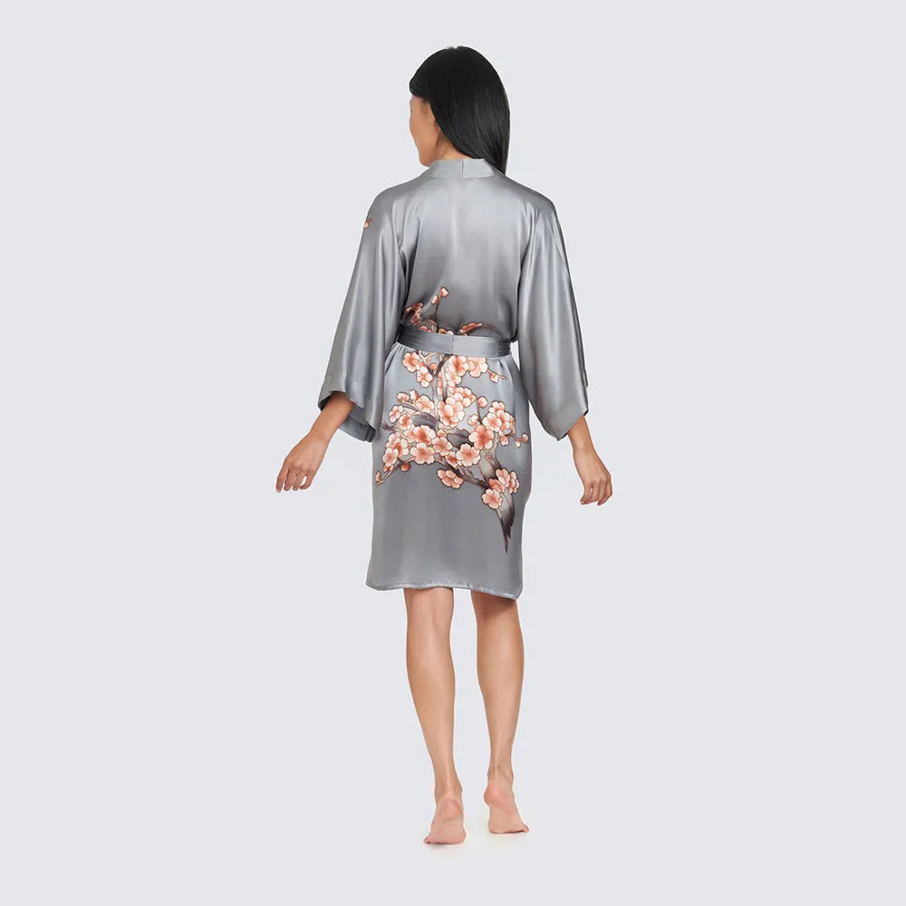 Silk Handpainted Cherry Blossom Short Kimono Robe