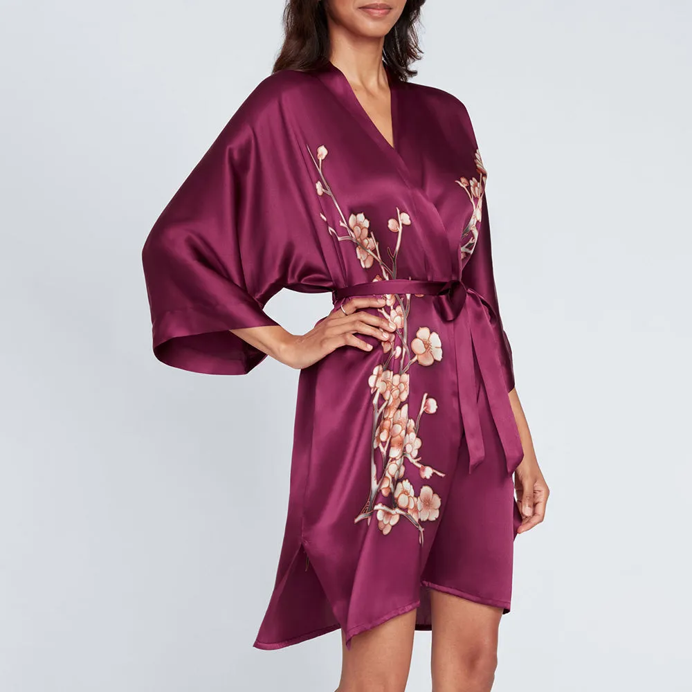 Silk Handpainted Cherry Blossom Short Kimono Robe