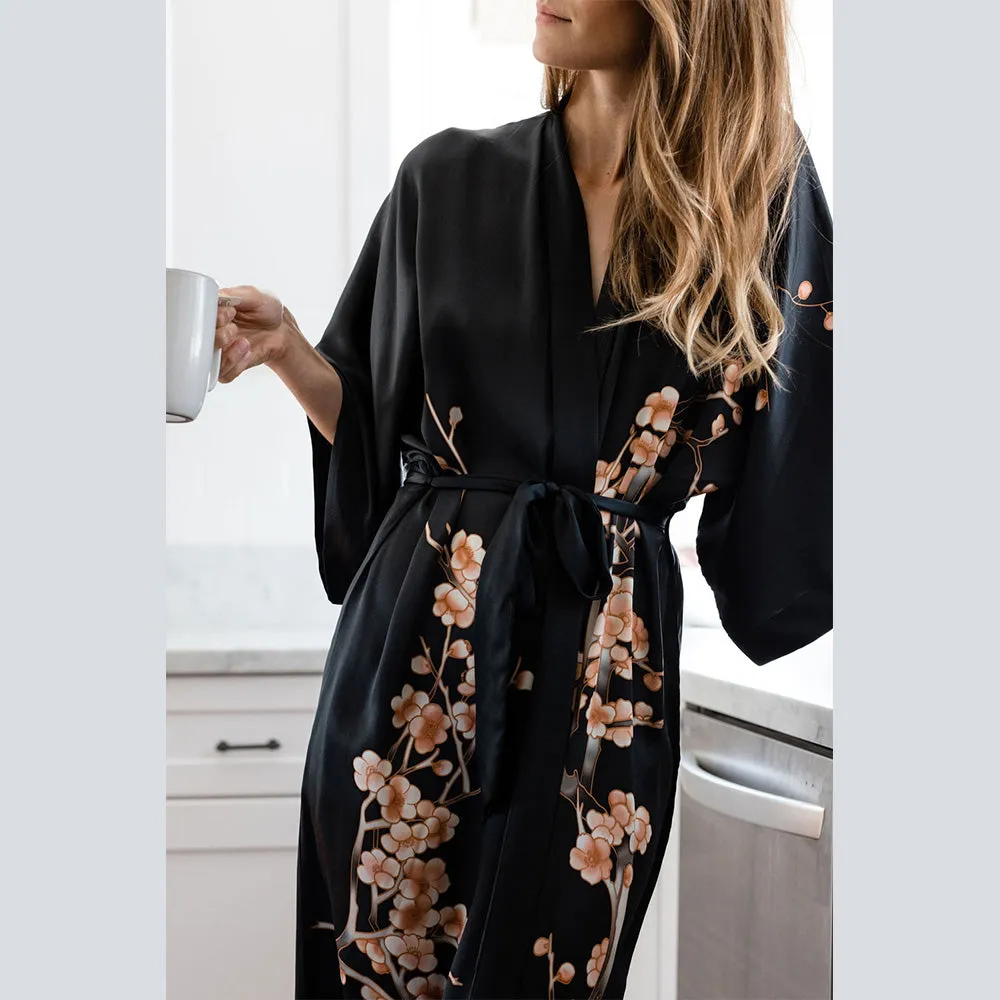 Silk Handpainted Cherry Blossom Short Kimono Robe