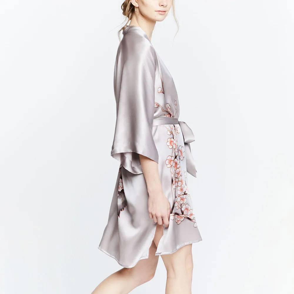 Silk Handpainted Cherry Blossom Short Kimono Robe