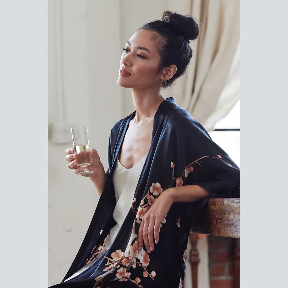 Silk Handpainted Cherry Blossom Short Kimono Robe
