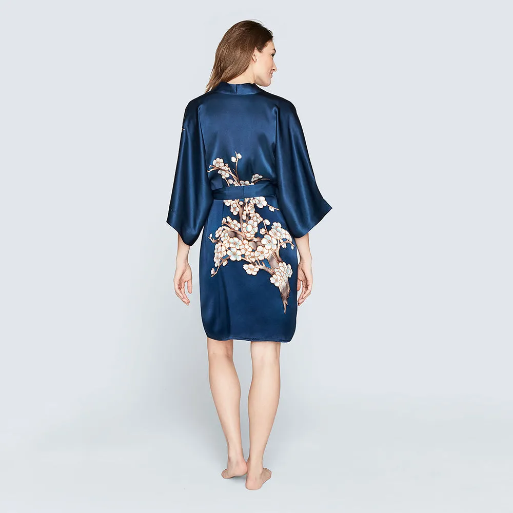 Silk Handpainted Cherry Blossom Short Kimono Robe