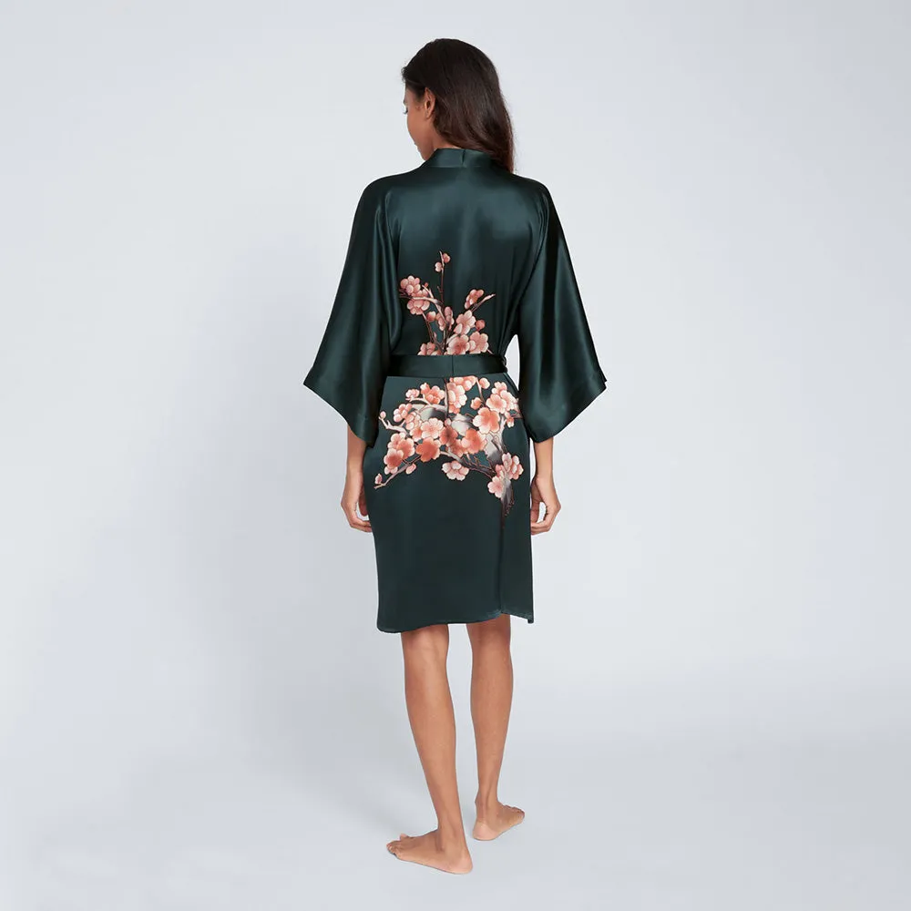 Silk Handpainted Cherry Blossom Short Kimono Robe
