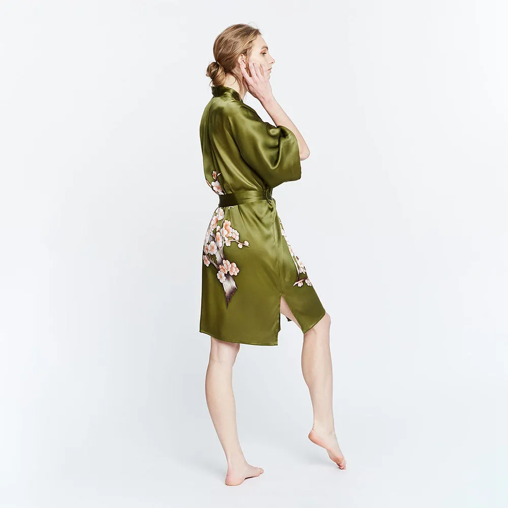 Silk Handpainted Cherry Blossom Short Kimono Robe
