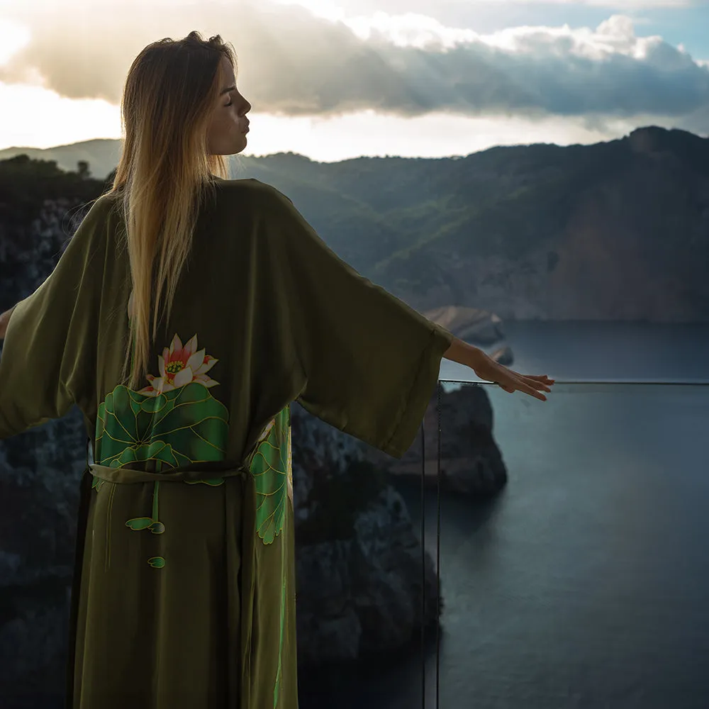 Silk Handpainted Crane Long Kimono Robe