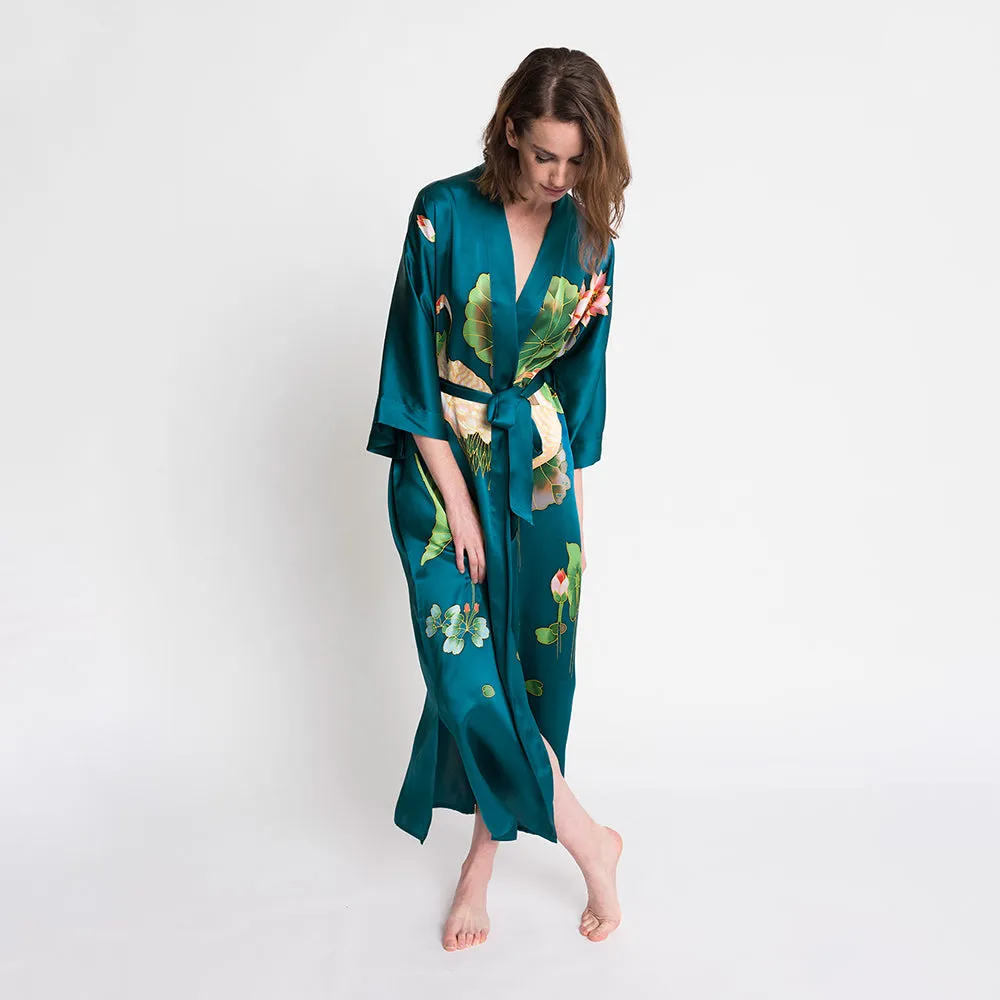 Silk Handpainted Crane Long Kimono Robe