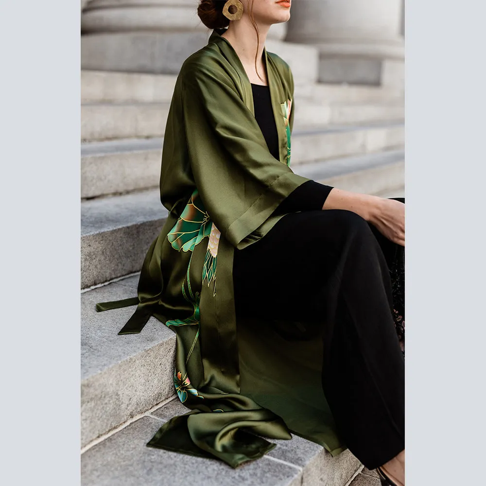 Silk Handpainted Crane Long Kimono Robe