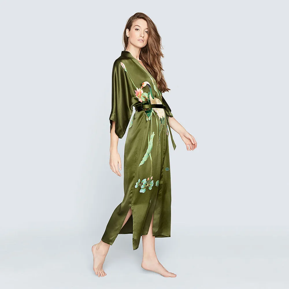 Silk Handpainted Crane Long Kimono Robe