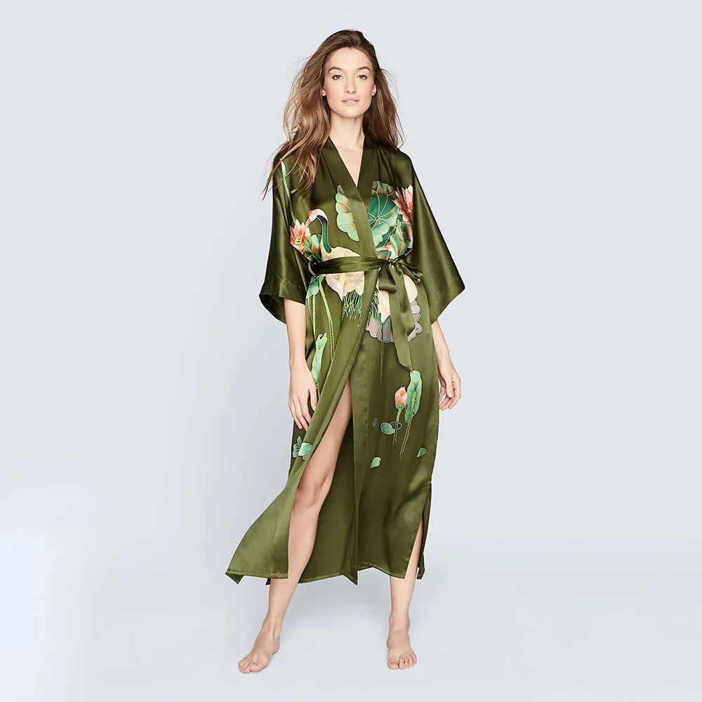 Silk Handpainted Crane Long Kimono Robe