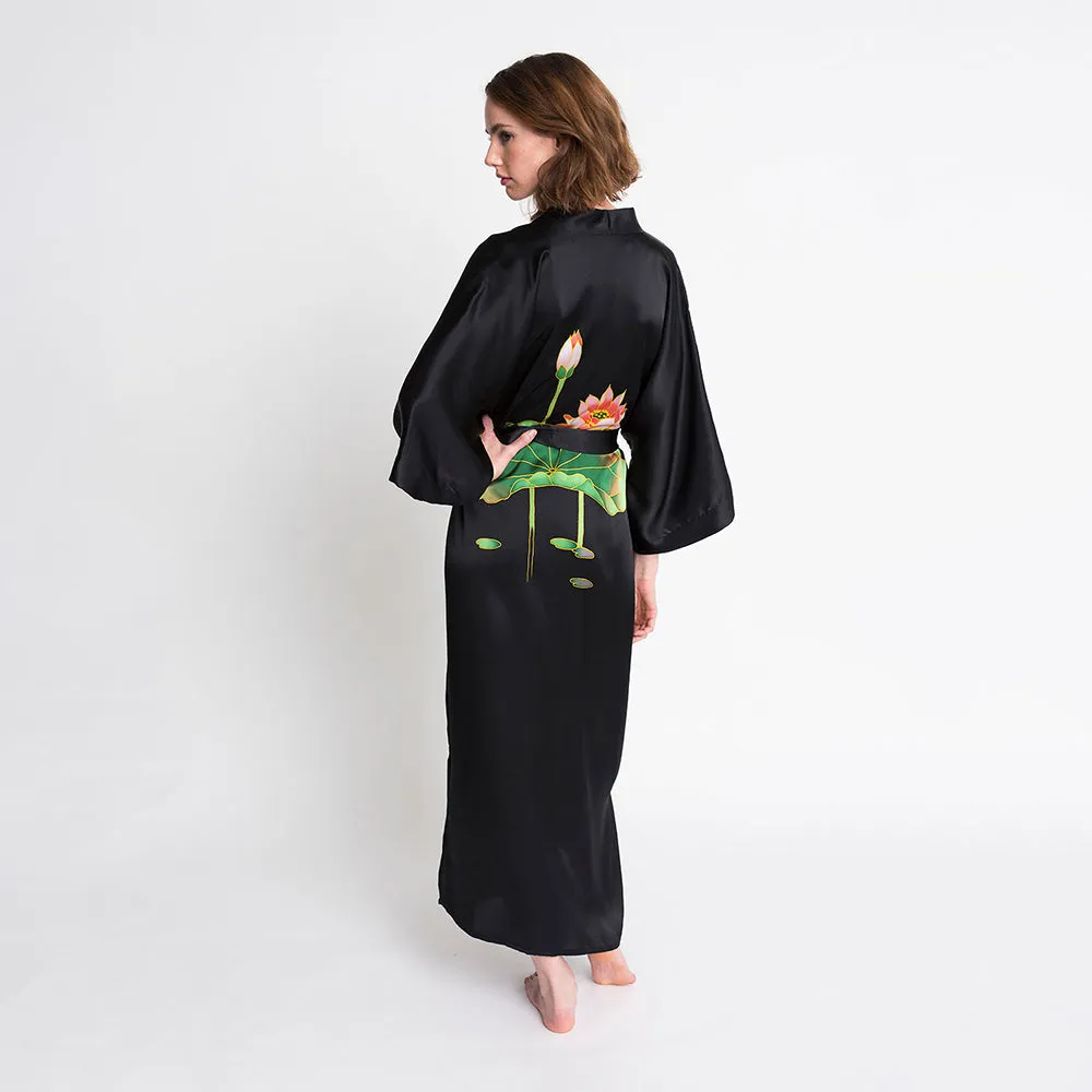 Silk Handpainted Crane Long Kimono Robe