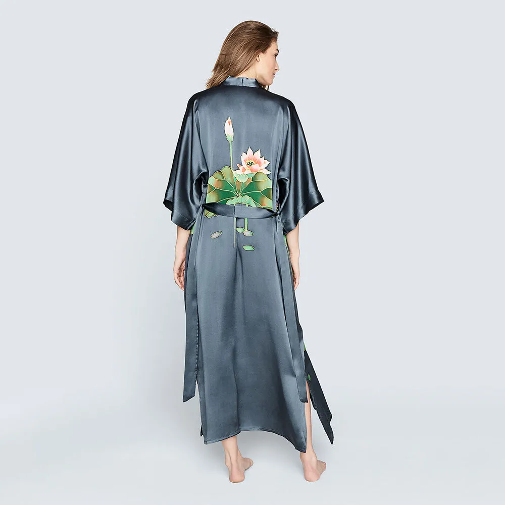 Silk Handpainted Crane Long Kimono Robe