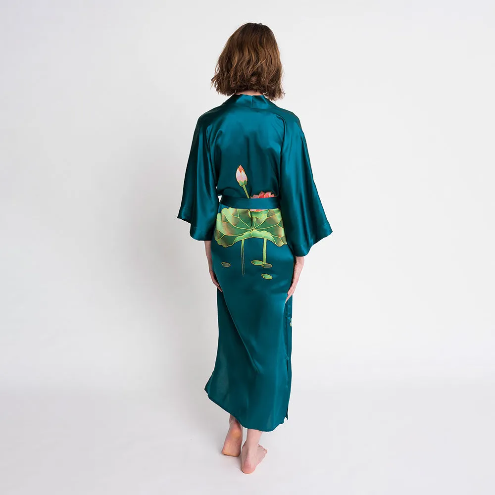 Silk Handpainted Crane Long Kimono Robe