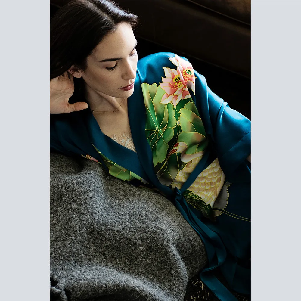 Silk Handpainted Crane Long Kimono Robe