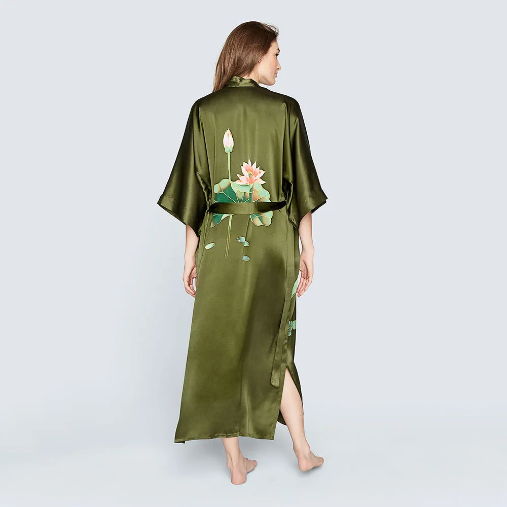 Silk Handpainted Crane Long Kimono Robe