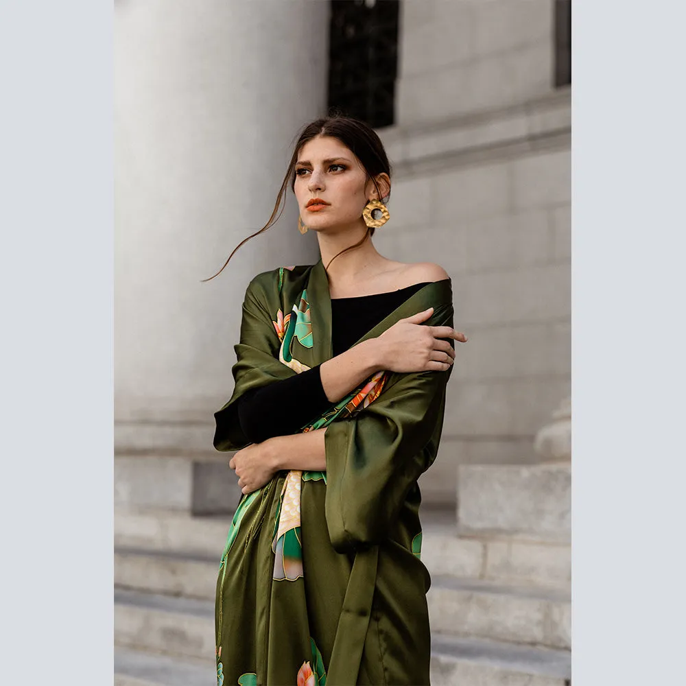 Silk Handpainted Crane Long Kimono Robe