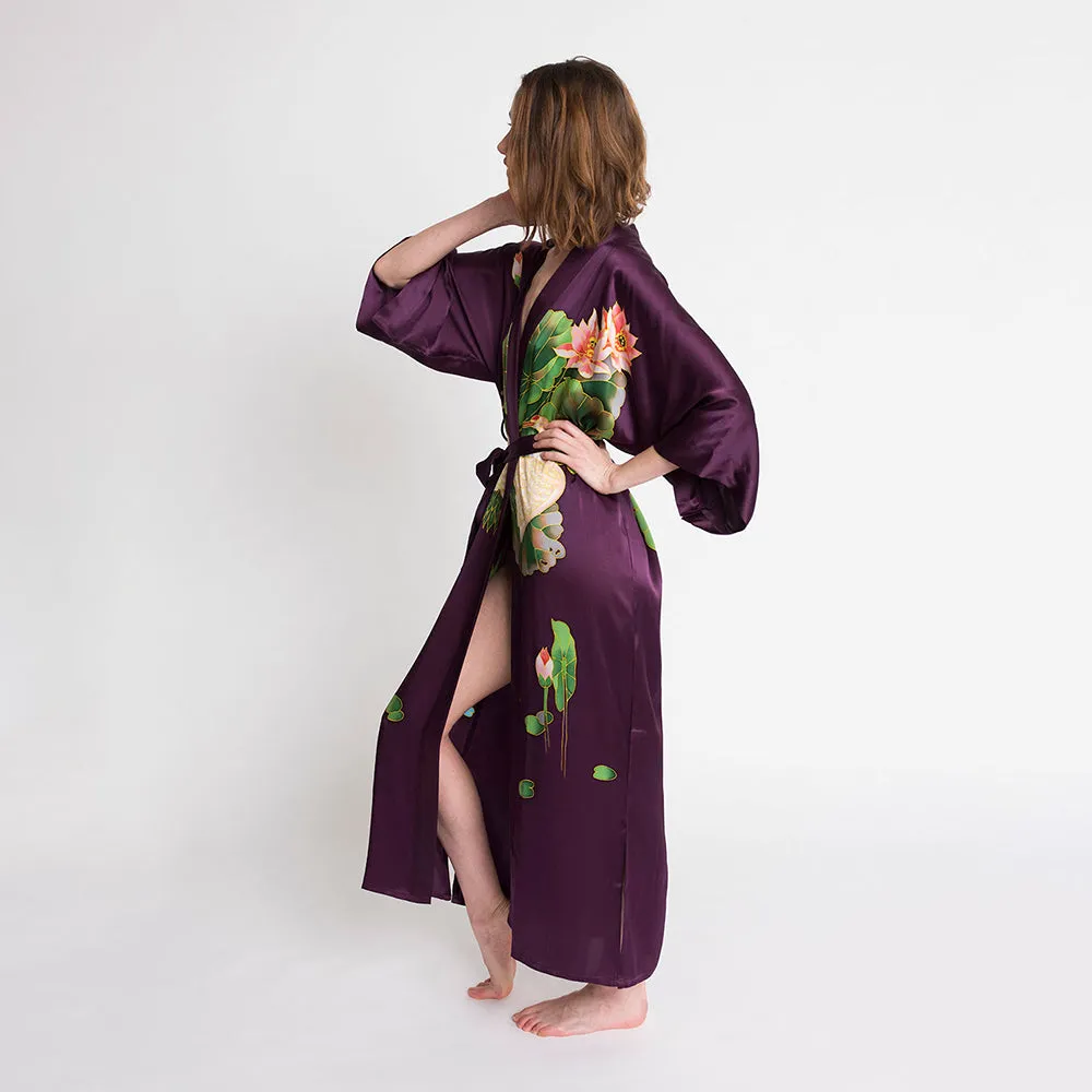 Silk Handpainted Crane Long Kimono Robe