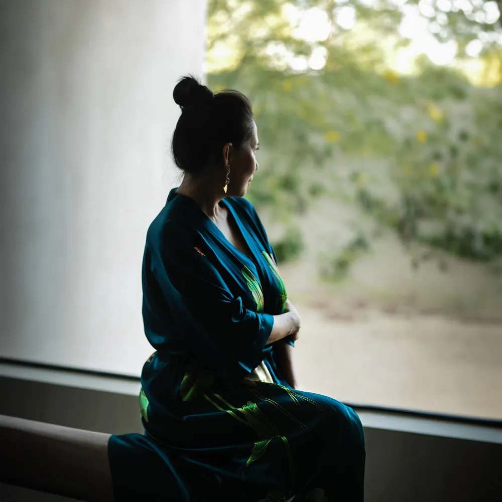 Silk Handpainted Crane Long Kimono Robe