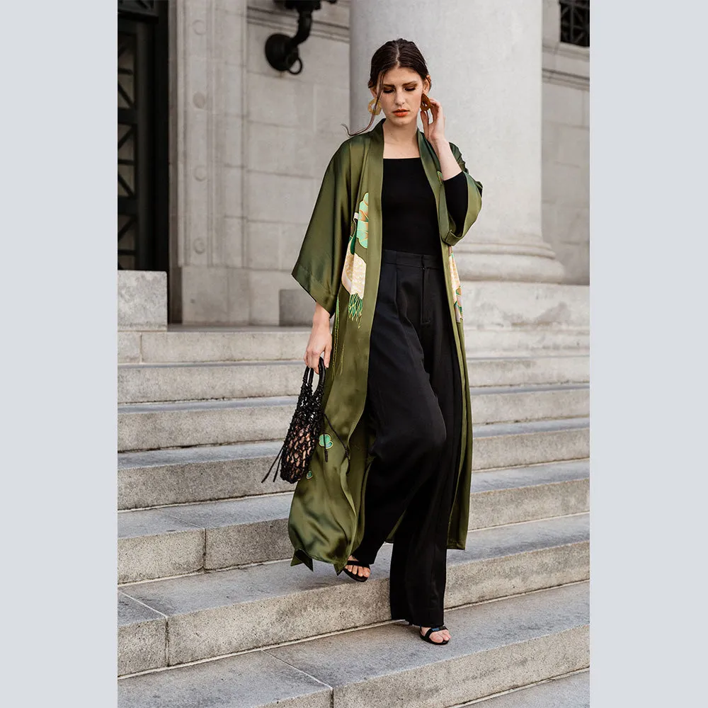 Silk Handpainted Crane Long Kimono Robe