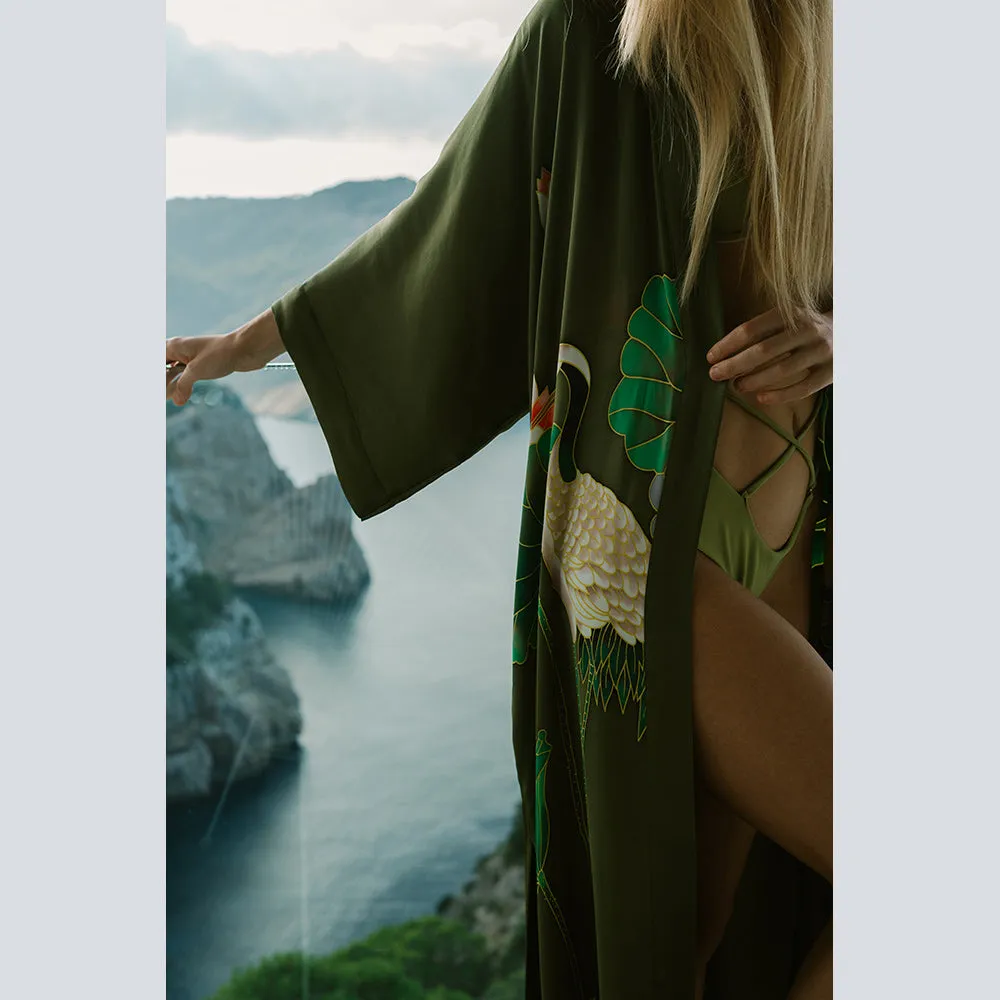 Silk Handpainted Crane Long Kimono Robe