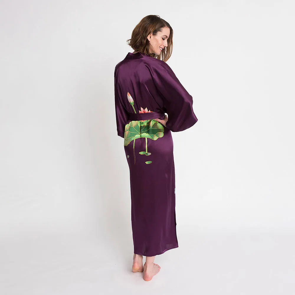 Silk Handpainted Crane Long Kimono Robe