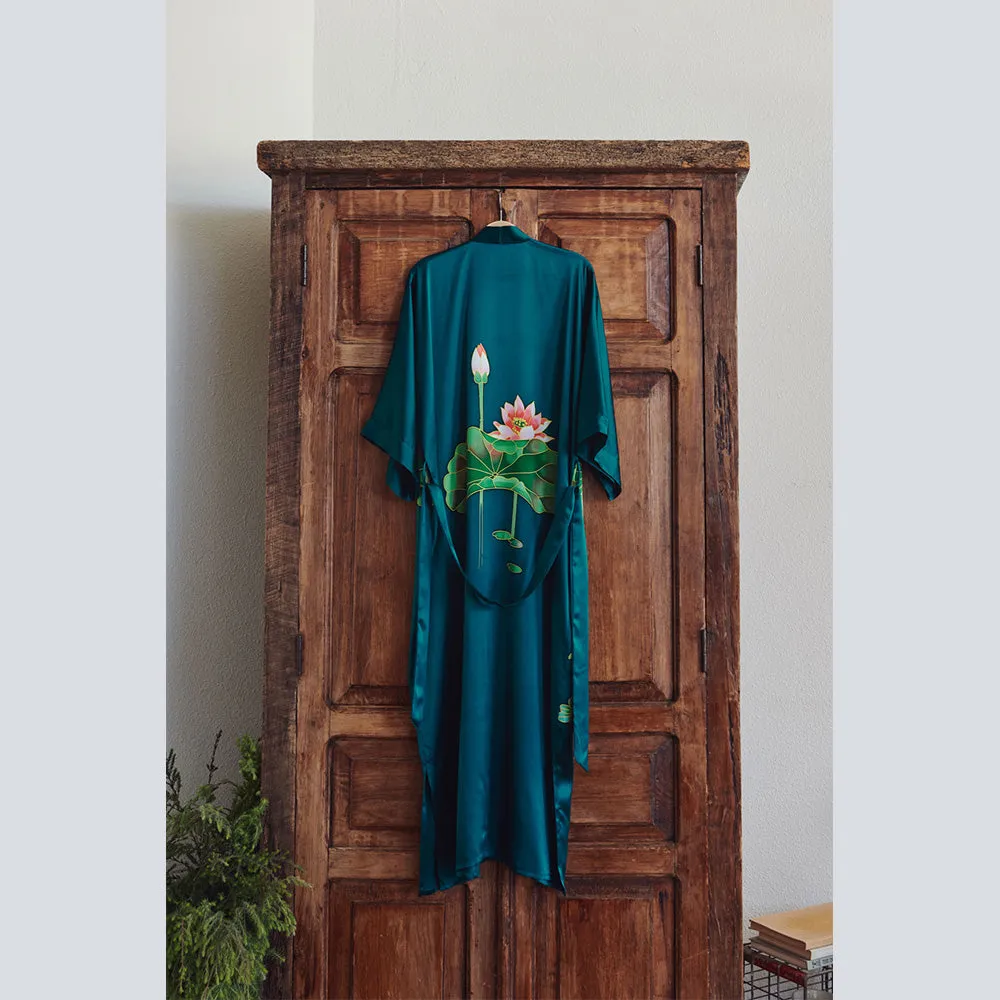 Silk Handpainted Crane Long Kimono Robe