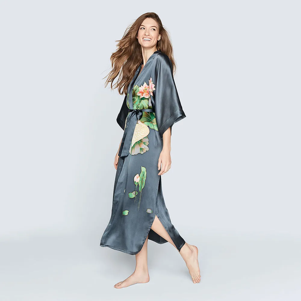 Silk Handpainted Crane Long Kimono Robe