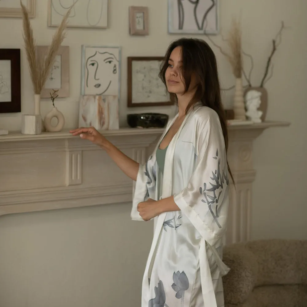 Silk Handpainted Lotus Short Kimono Robe