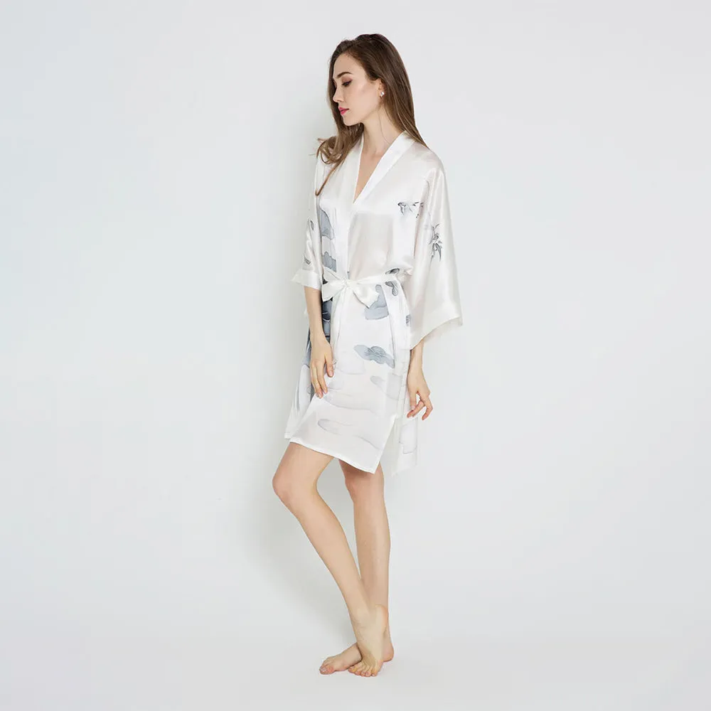 Silk Handpainted Lotus Short Kimono Robe