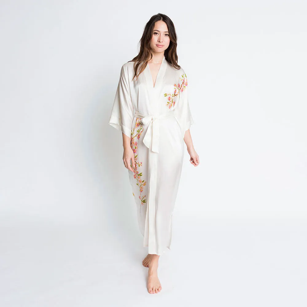 Silk Handpainted Peacock Long Kimono Robe