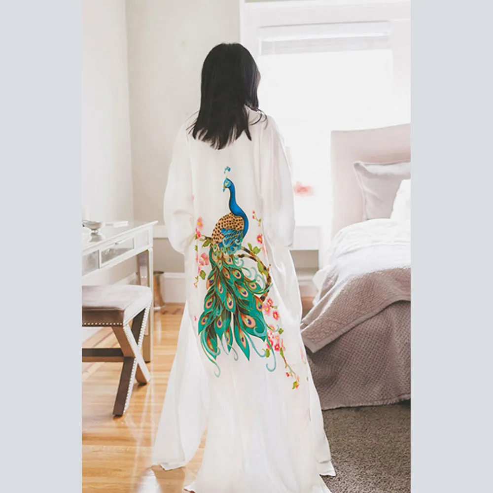 Silk Handpainted Peacock Long Kimono Robe