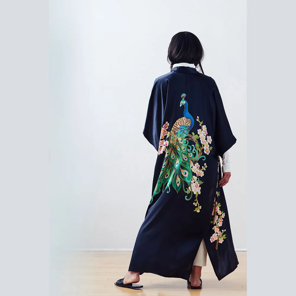 Silk Handpainted Peacock Long Kimono Robe