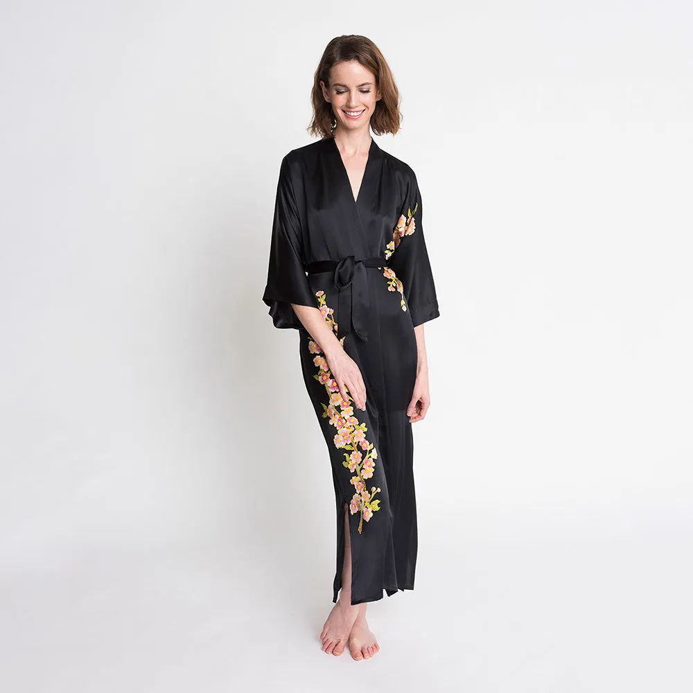 Silk Handpainted Peacock Long Kimono Robe