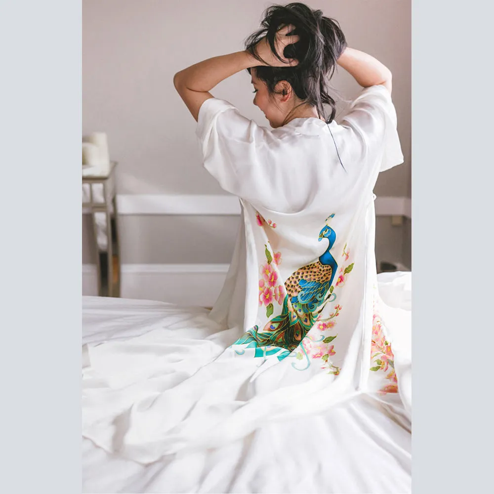 Silk Handpainted Peacock Long Kimono Robe