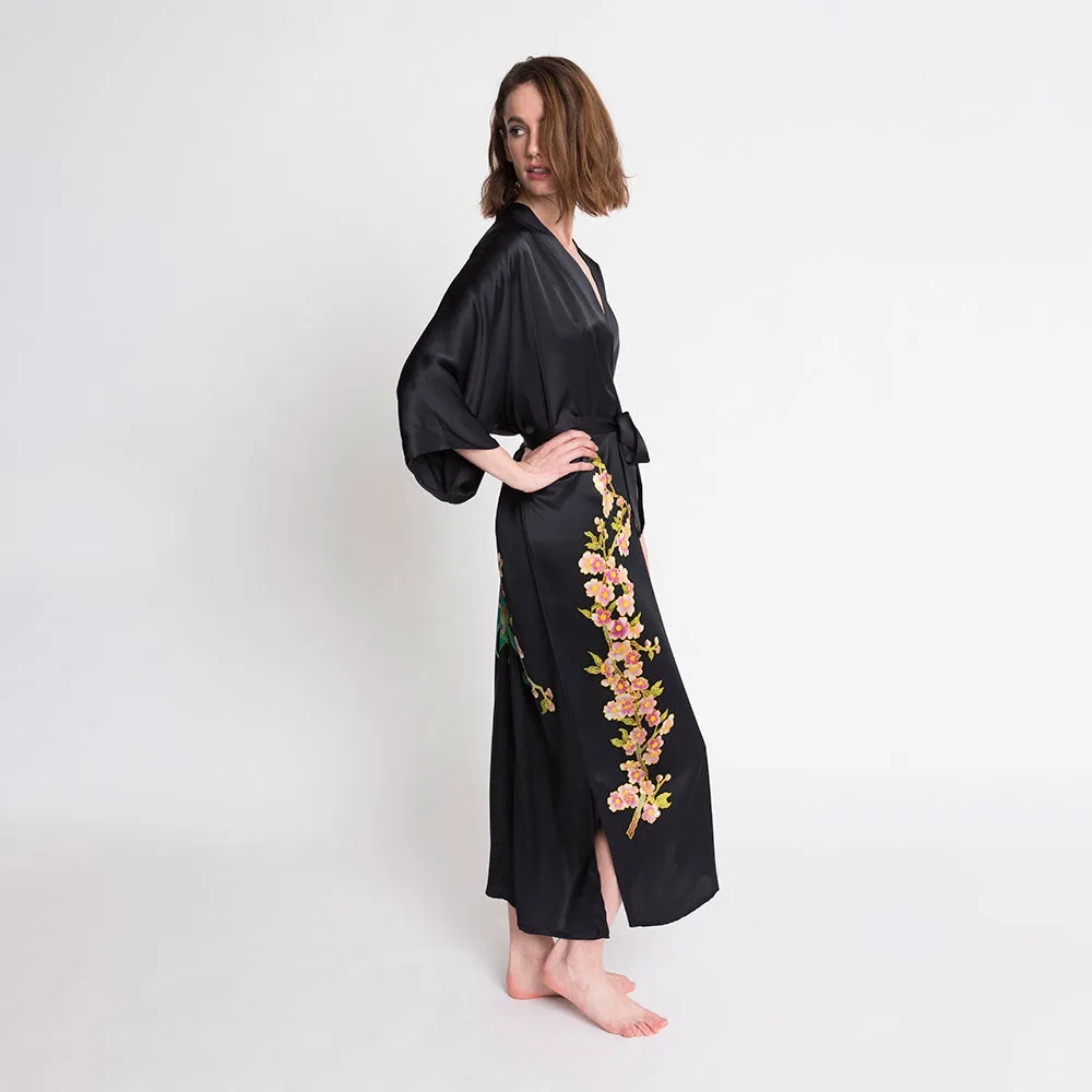 Silk Handpainted Peacock Long Kimono Robe