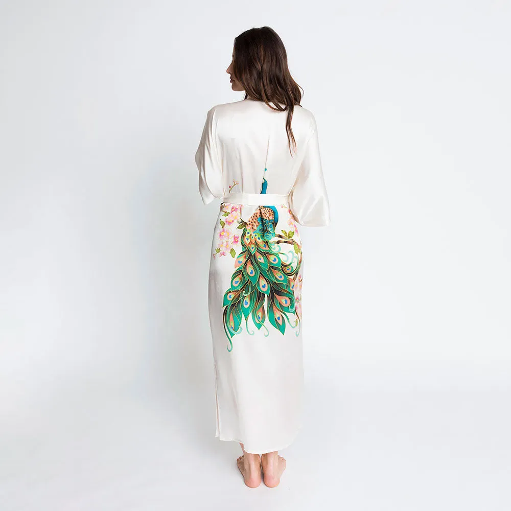 Silk Handpainted Peacock Long Kimono Robe