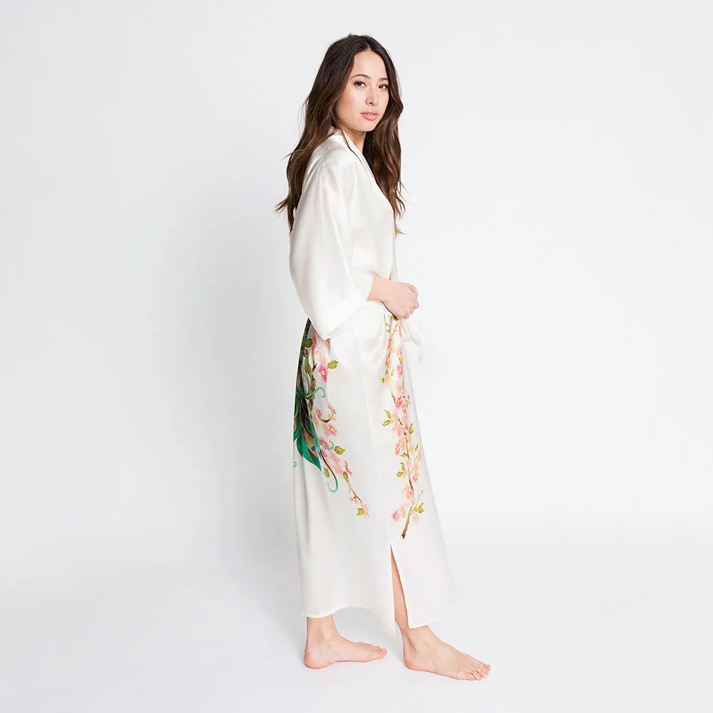 Silk Handpainted Peacock Long Kimono Robe