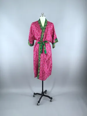 Silk Sari Robe / Bright Pink & Green Ikat