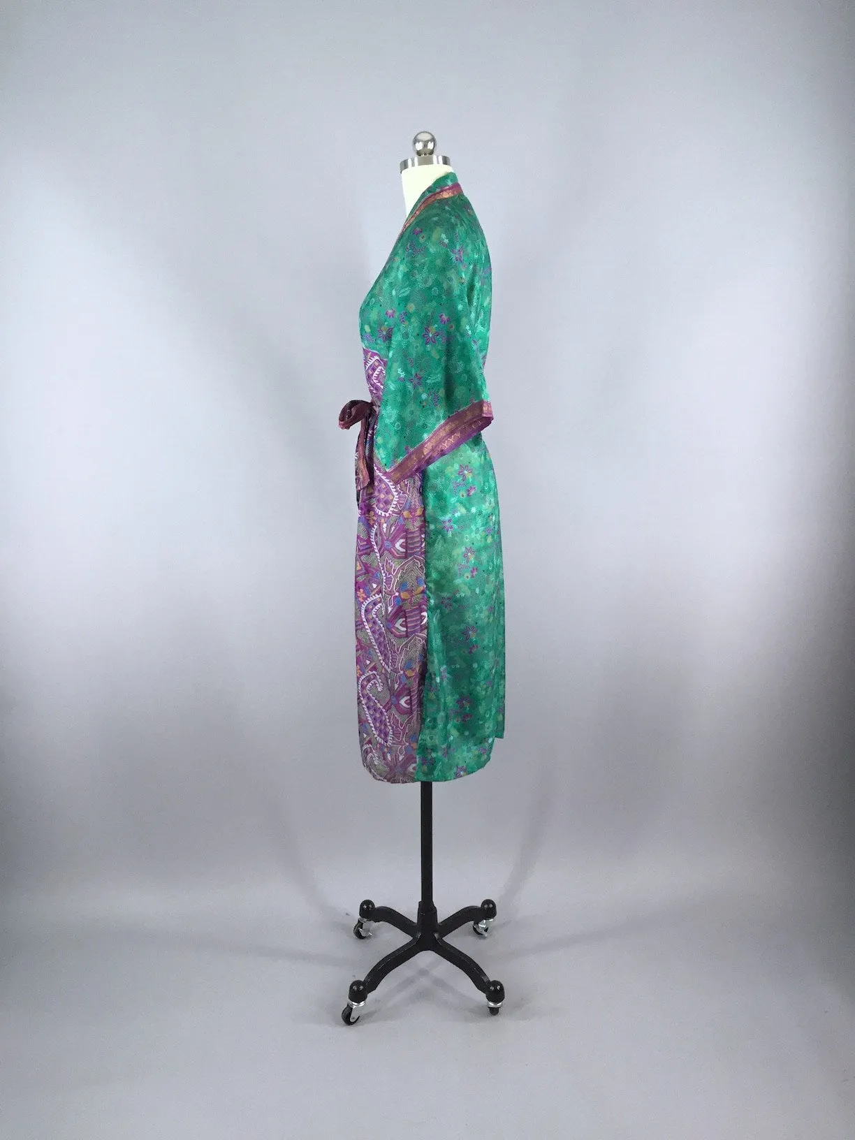 Silk Sari Robe / Emerald Green & Purple Print