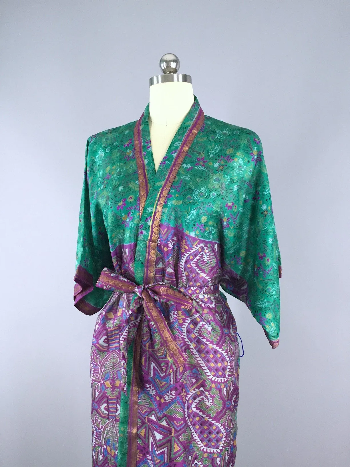Silk Sari Robe / Emerald Green & Purple Print