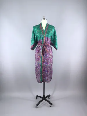 Silk Sari Robe / Emerald Green & Purple Print